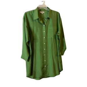 Tilley Womens XL Green 100% Silk Long Sleeve Button Down Shirt Dress Long